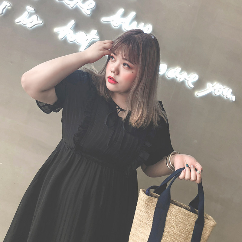 ismiuo大码女装夏名媛雪纺连衣裙胖mm200斤a字裙胖妹妹遮肚子显瘦