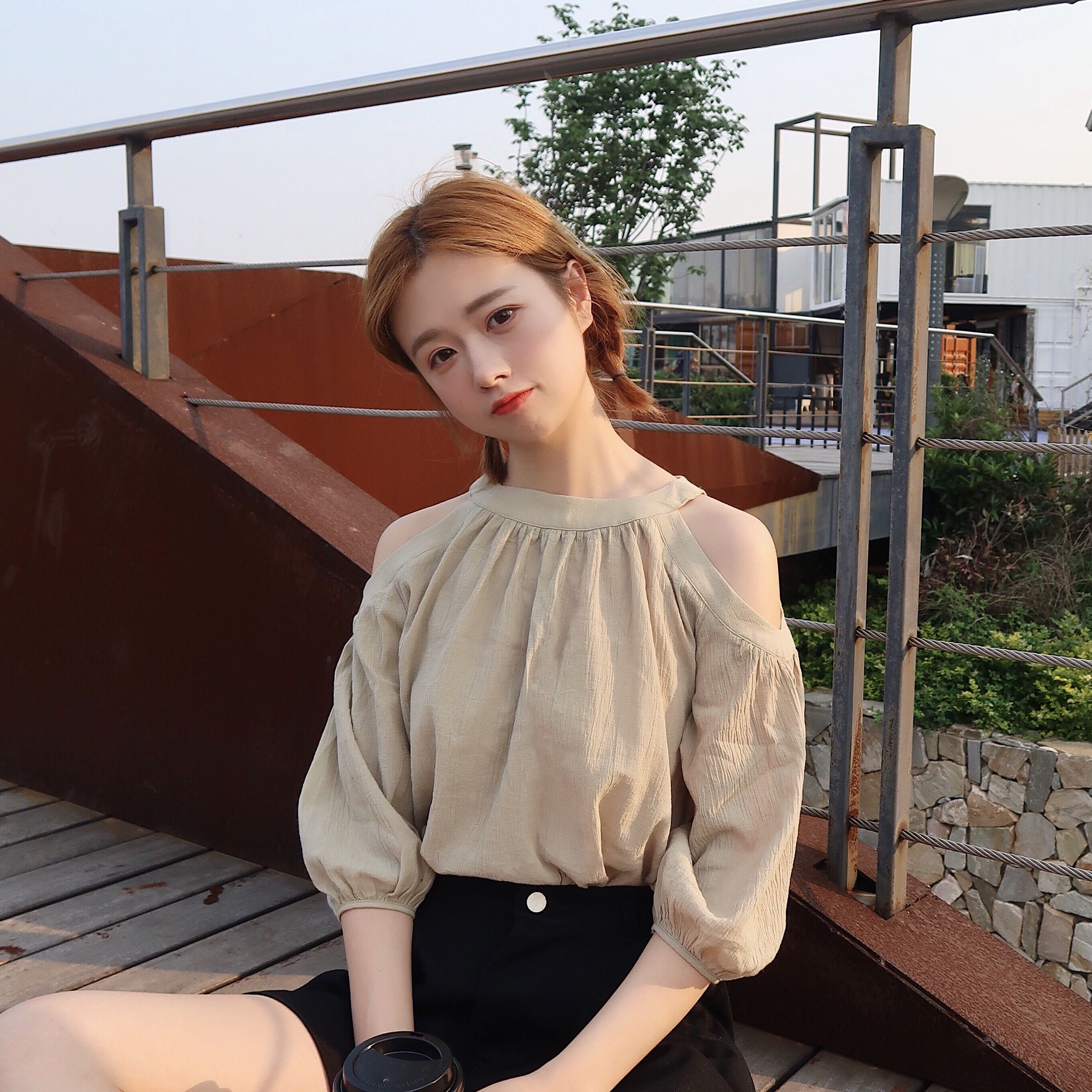 夏装女装韩版气质露肩娃娃衫五分袖休闲衬衣宽松短袖显瘦衬衫上衣