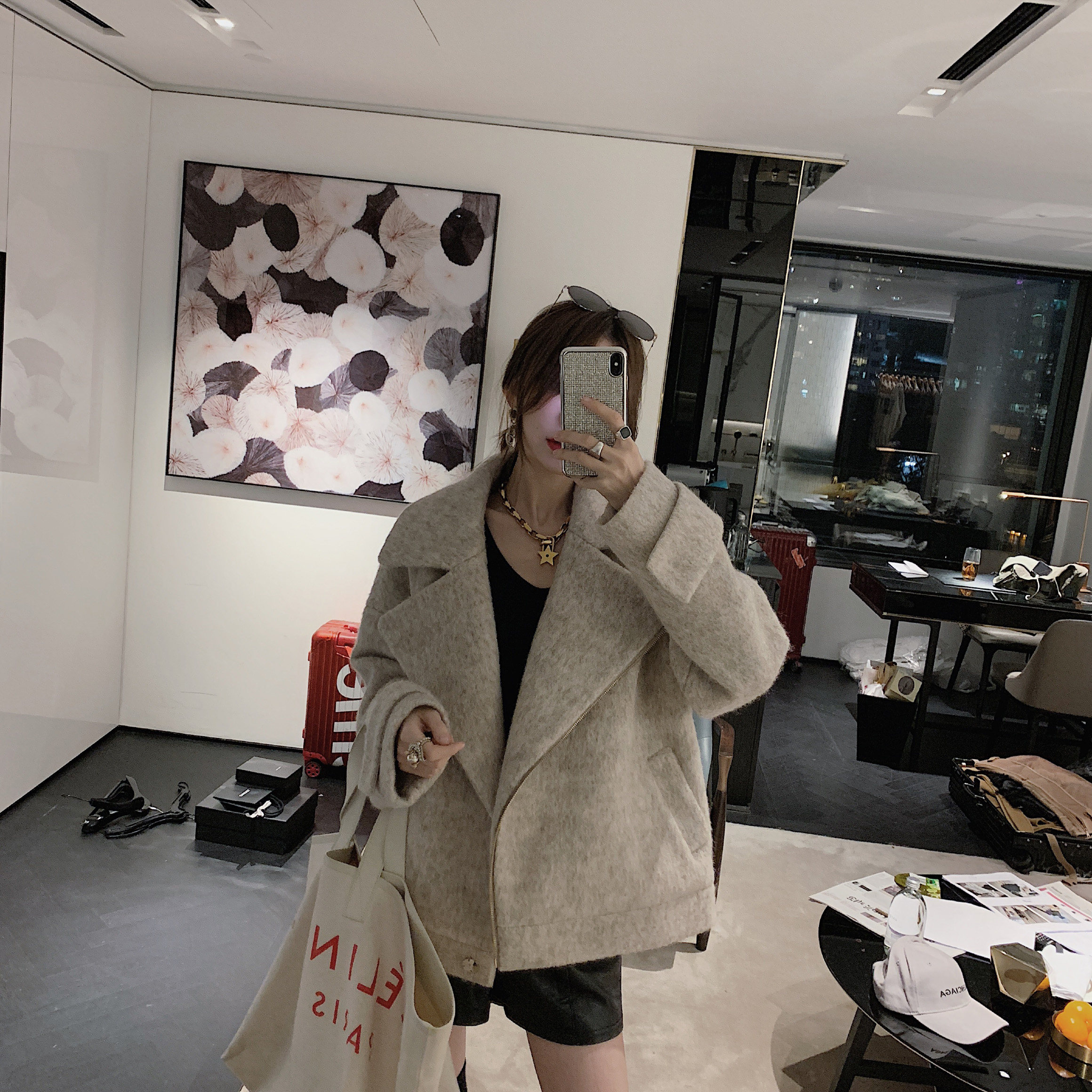 翻领毛呢外套女冬_fbb李明萱2018冬季新款机车大翻领毛呢外套厚实保暖