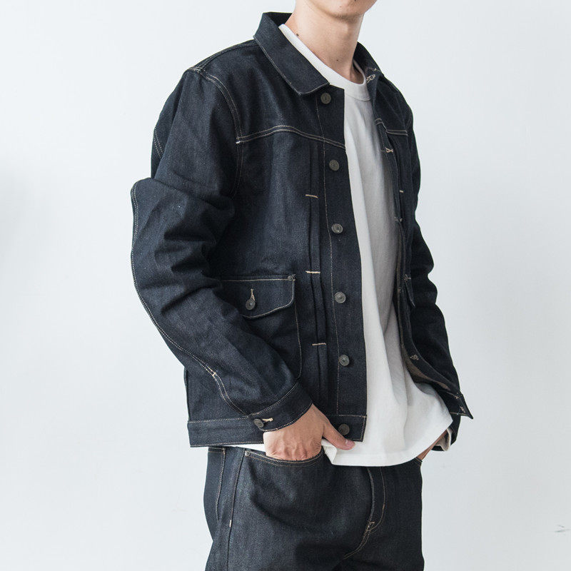 日本冈山黑色单宁牛仔夹克男潮日系阿美咔叽复古潮男外套秋季学生