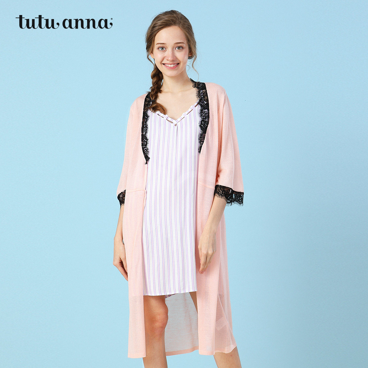 tutuanna空调衫女 春夏薄款 蕾丝拼接 v领针织开衫外套专柜同款