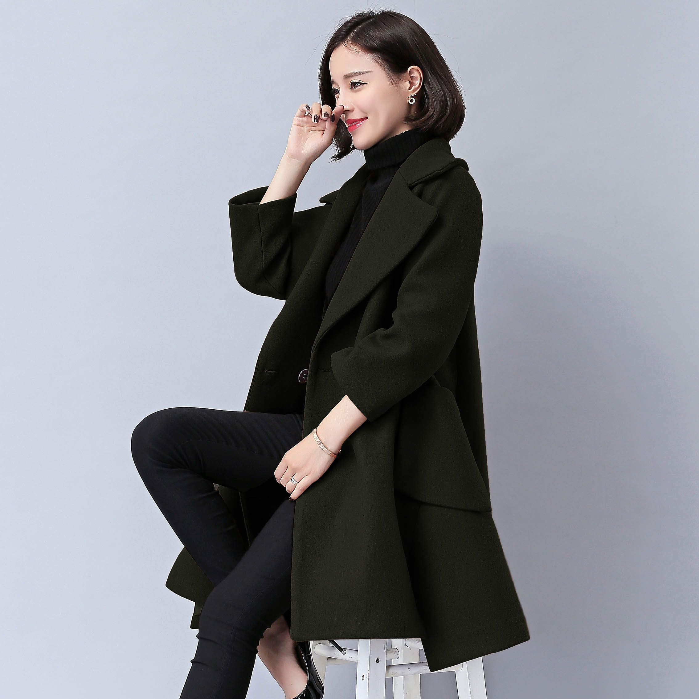 黑色大衣女中长款加厚2016冬装宽松大码胖mm呢子斗篷毛呢外套女装