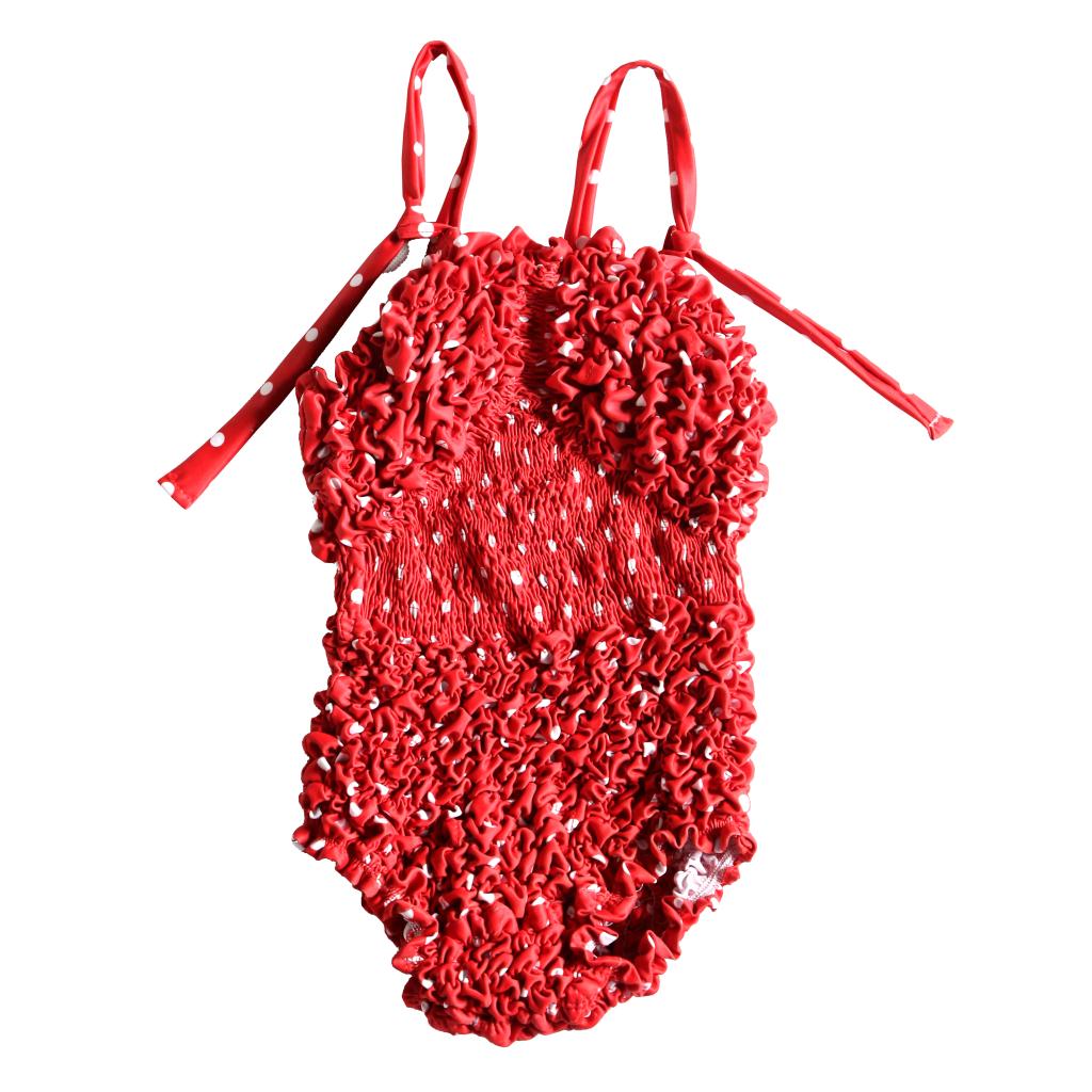 穿梭时空复古怀旧红底白波点抽褶泡泡连体泳衣