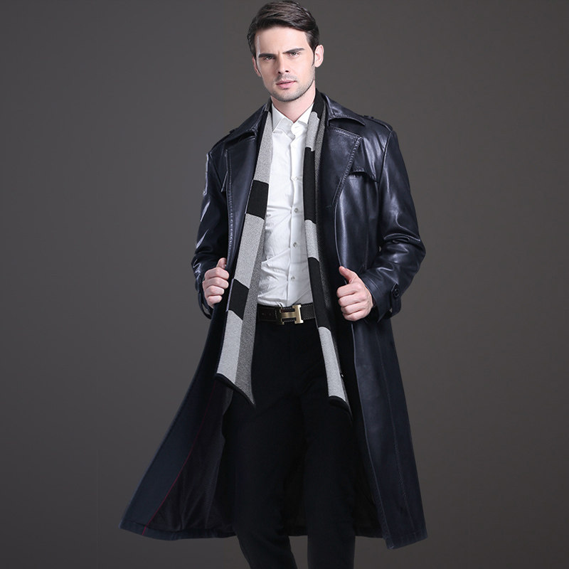 热销男士长款皮衣_皮风衣男加长款秋冬西装领父亲皮大衣双排扣皮衣