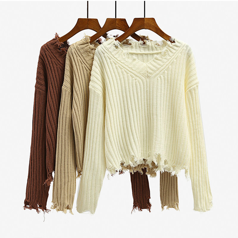 女毛线衣服2017新款 短款 学生_短款毛边破洞毛衣女宽松2017秋冬新款