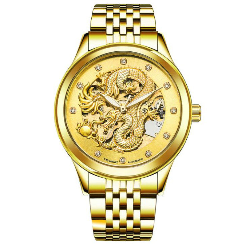 中国龙手表男士全自动机械表镂空龙表金色男表