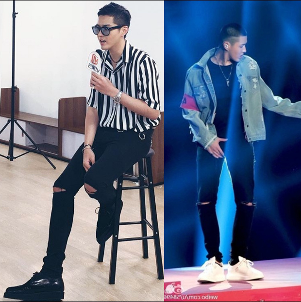 一折破洞牛仔裤男潮 长裤_吴亦凡同款裤子一字破洞牛仔裤男韩版修身