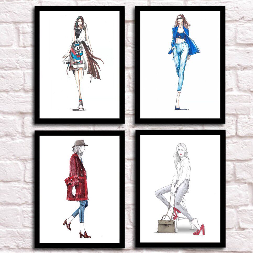 服装店装饰画创意手绘服饰橱窗收银台背景墙壁画相框墙女装店挂画