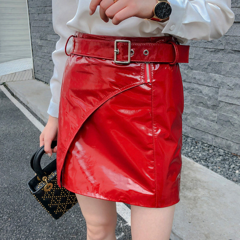 热销皮裙a字裙真皮_2018新款秋冬红色亮面漆皮绵羊皮真皮皮裙女半身