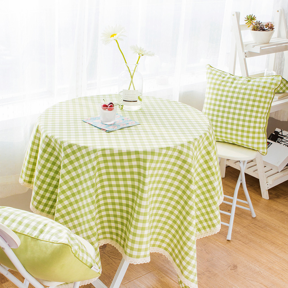 现代简约绿色格子布料桌布