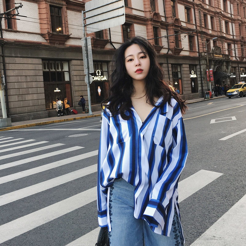 2018新款bf风oversize蓝色条纹衬衫女韩范宽松