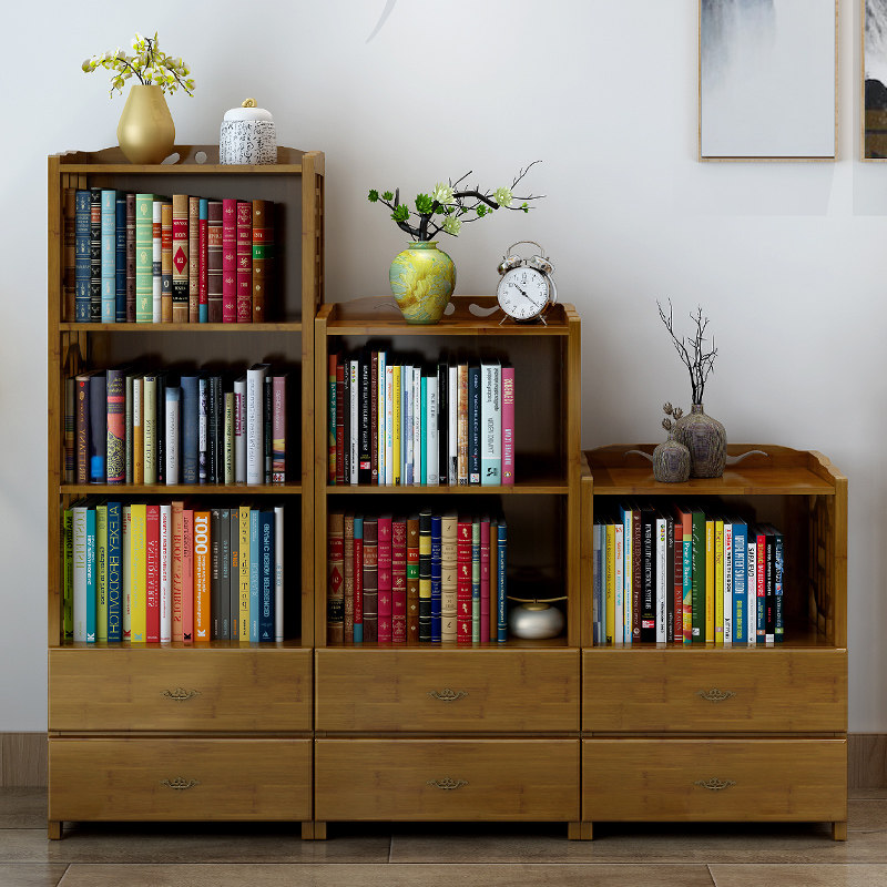 中式书架抽屉书柜简约现代组合书柜客厅置物架落地储物架简易书架_双