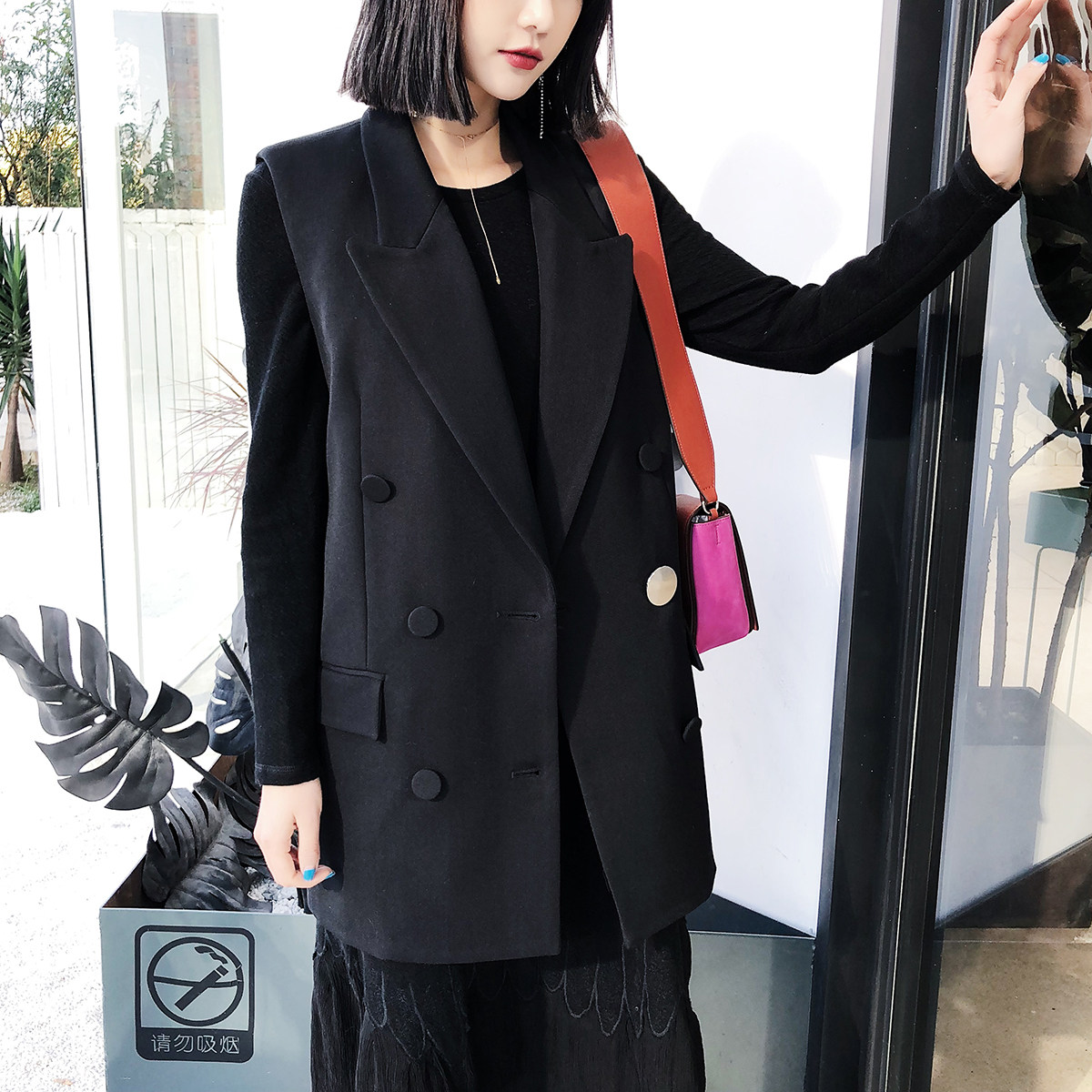 彼岸寻2018新款女装春装休闲款西装翻领黑色马甲中长款无袖上衣