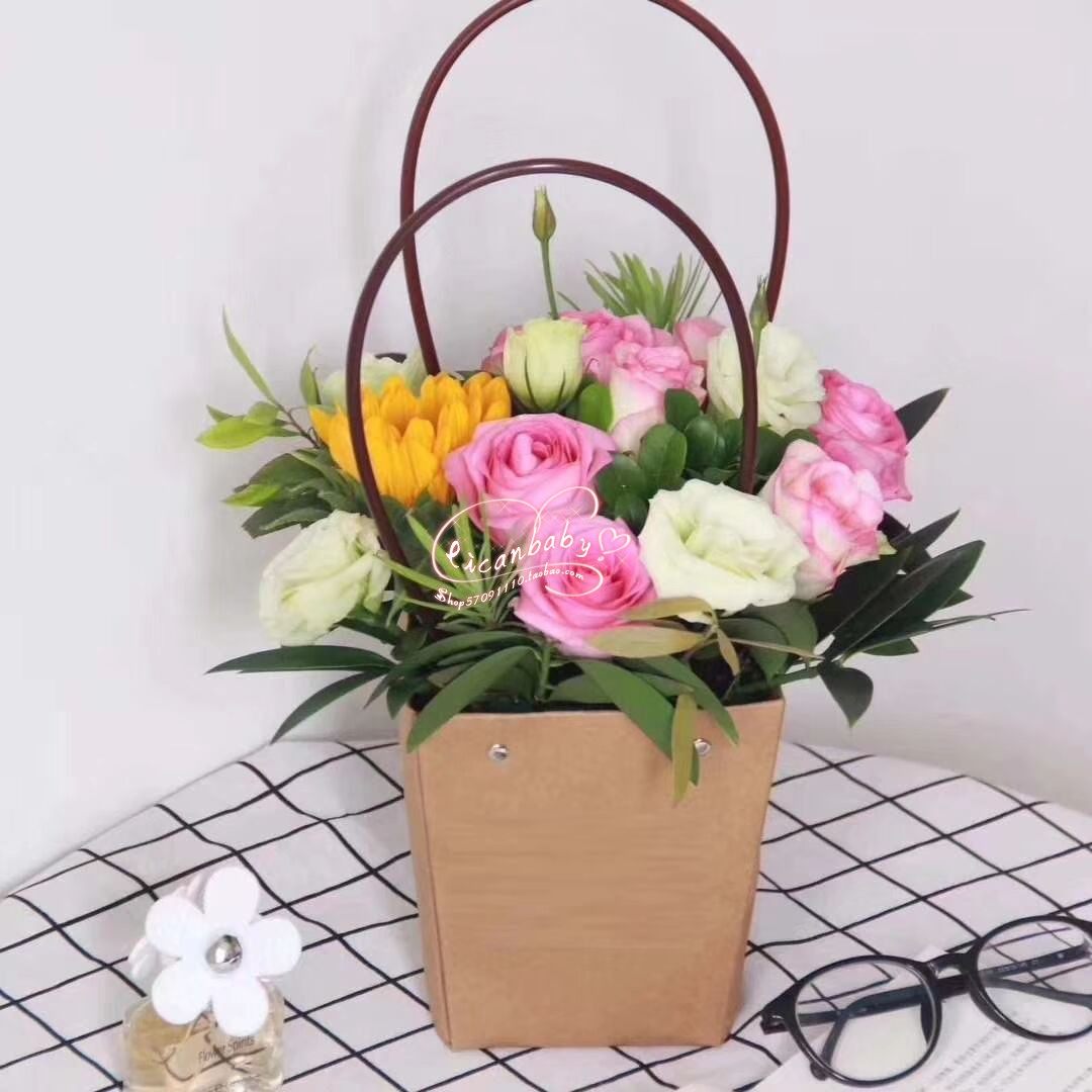 一折黑色牛皮纸手提袋_复古牛皮纸袋防水手提花袋 黑色迷你插花盒 黑