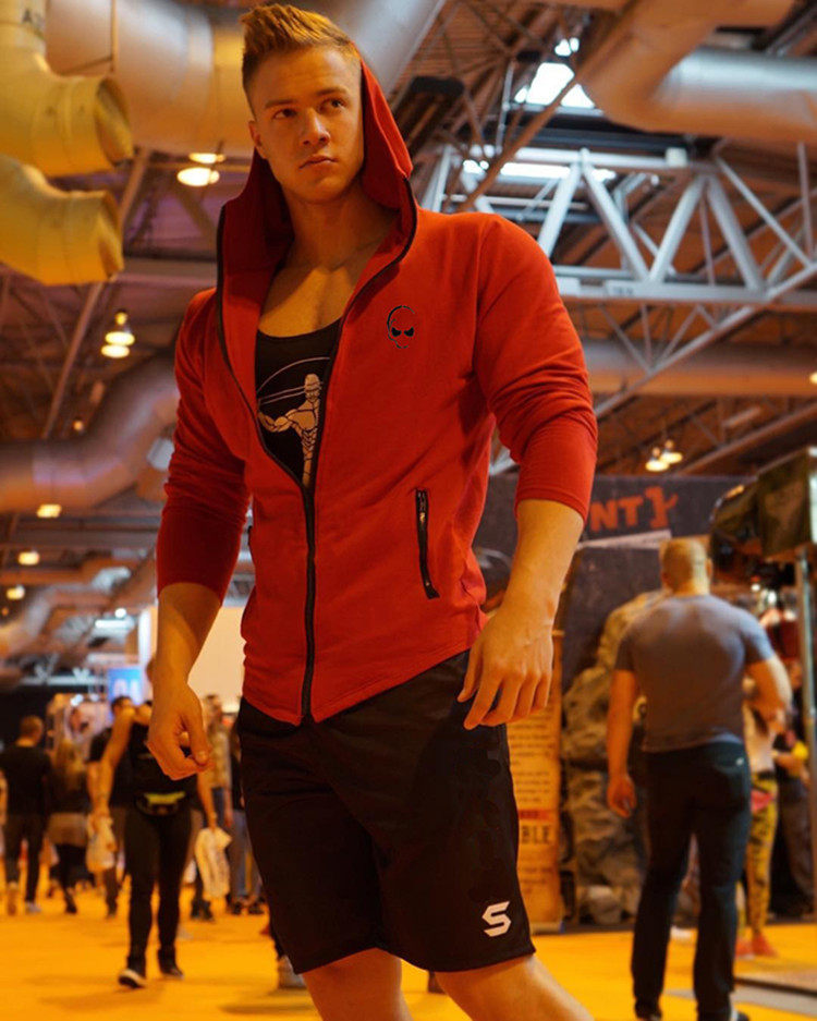 肌肉健身兄弟秋季型男跑步运动训练卫衣欧美弹力修身开衫连帽外套