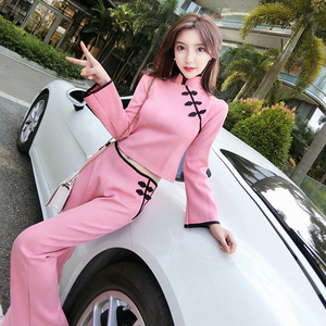 2019年春季女神新款韩版时尚气质长袖旗袍+高腰长裤网红两件套装