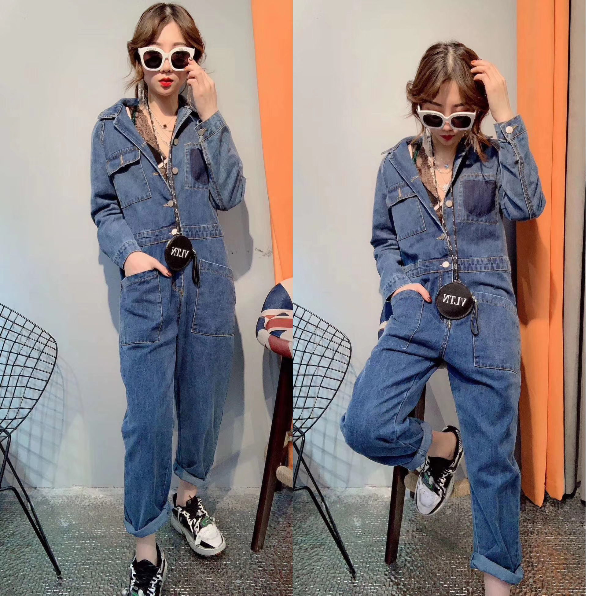 连体裤牛仔女_蓝牛仔连体裤长袖外套女欧韩春秋新款宽松洋气时髦休闲