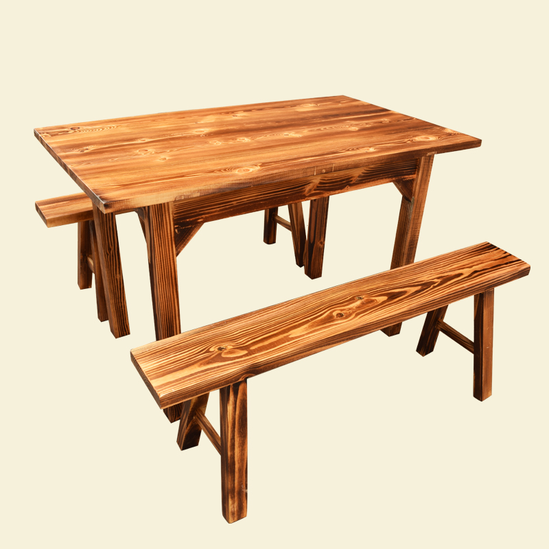 热销火锅桌椅组合_方桌长板凳组合实木松木餐桌小吃店餐桌椅火烧木