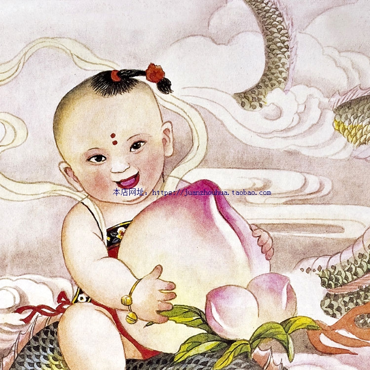 丝绸画 仙桃童子龙图 国画画像 装饰画客厅画 卷轴画挂画 已装裱
