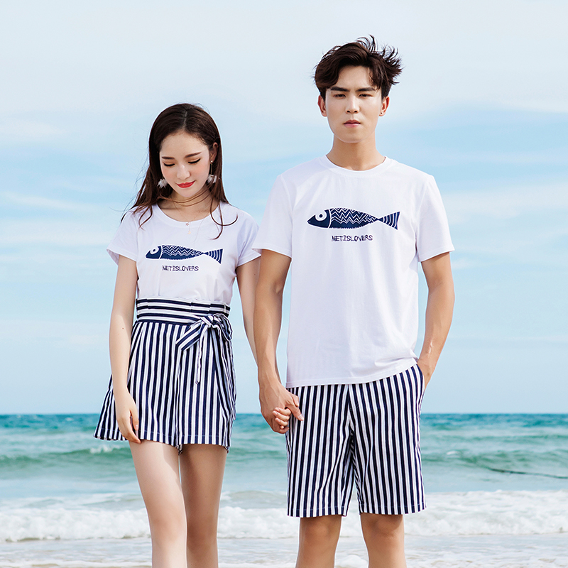 韩范情侣装夏装短袖T恤女裙2018新款情侣沙滩