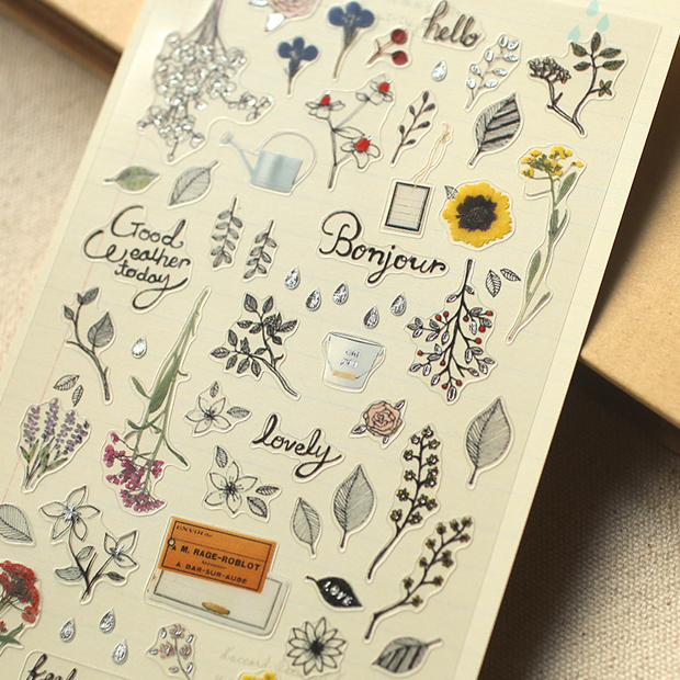 个性装饰贴diy相册日记本贴画 手绘花草水晶透明贴纸 韩国sonia