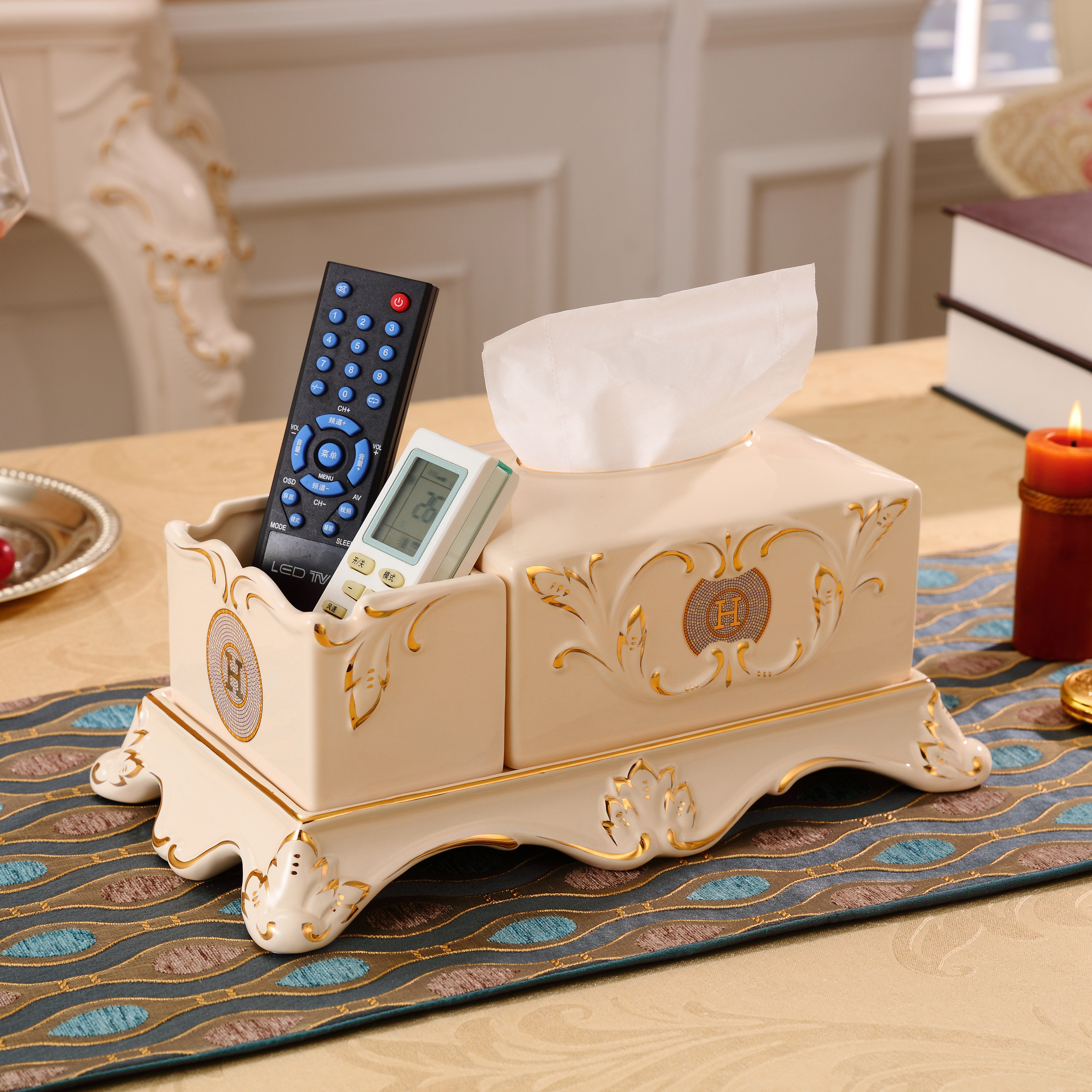 功能欧式陶瓷餐巾纸巾盒创意家用客厅茶几遥控器桌面收纳抽纸盒优惠券