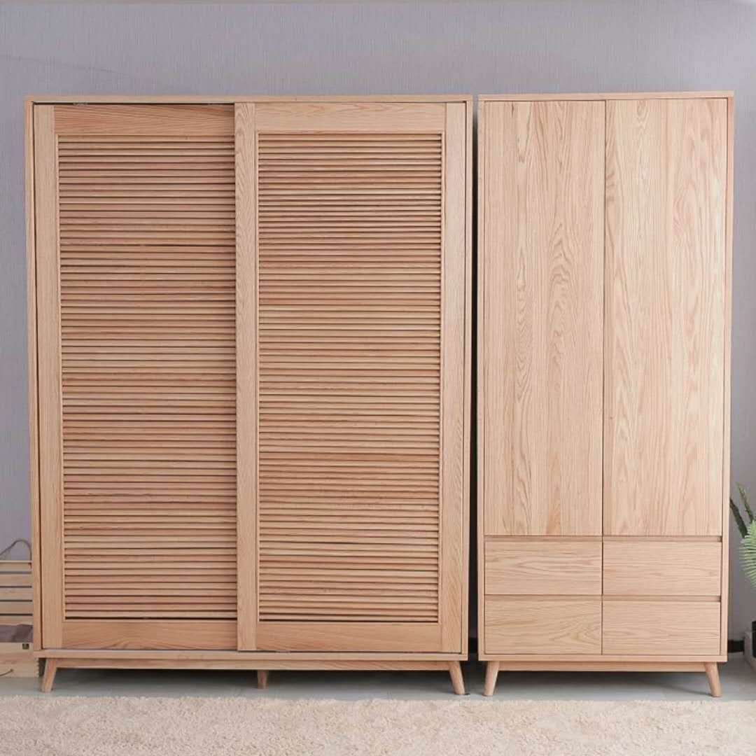 北欧实木衣柜定制_纯实木百叶门橡木衣柜 推拉门卧室格栅门 大衣橱