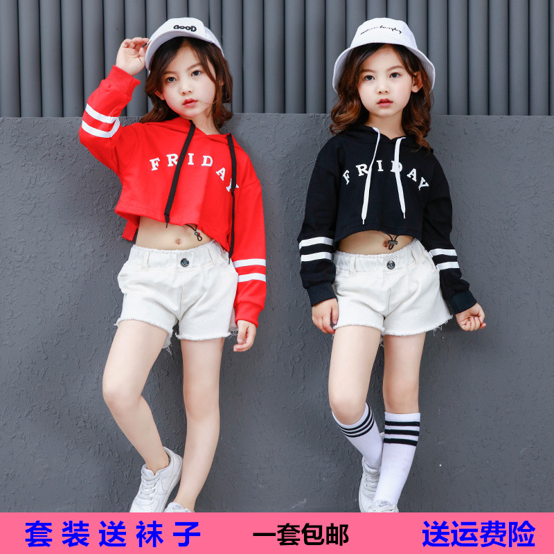 女童韩版服装 潮衣_新款儿童街舞套装女童嘻哈韩版潮女孩卫衣露脐宽松