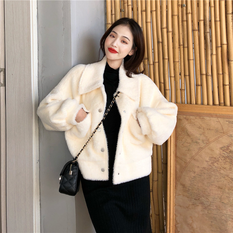 热销白外套女冬短_秋冬季新款韩版加厚短款仿貂绒外套气质毛茸茸宽松