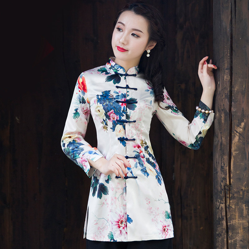 如意风上衣春夏中长款直襟改良复古修身唐装女印花旗袍上衣8133