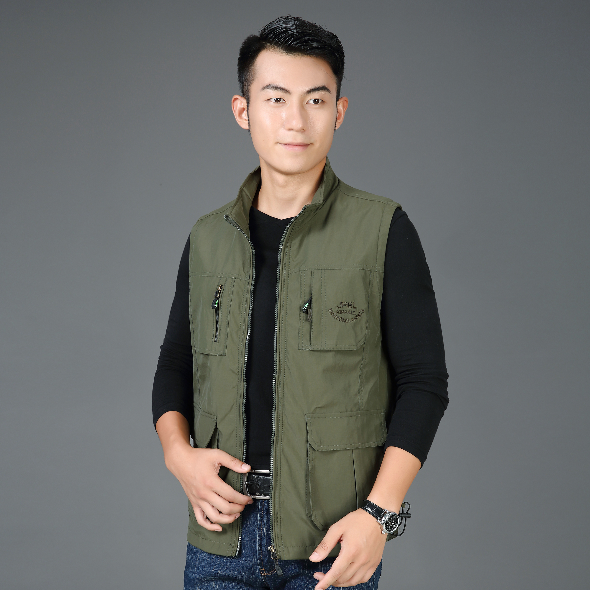 包邮 中青年春秋款男式马甲翻领大码坎肩中年多口袋休闲马夹男背心