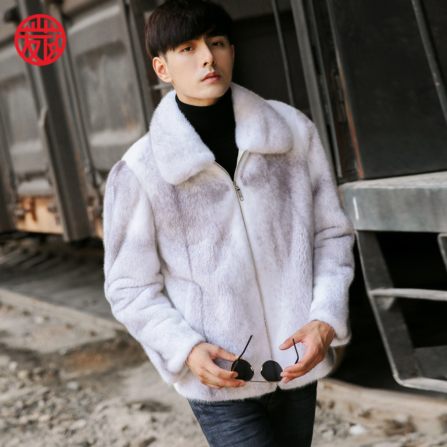 爱荷新款水貂毛皮草男装进口白色十字整貂外套