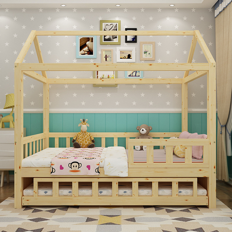 ins风实木儿童床女孩公主床单人床床带护栏大童床组合幼儿床小床