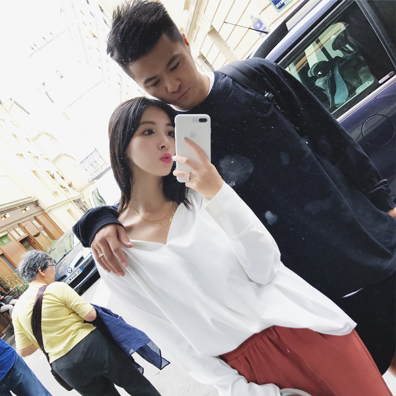 夏诗文定制 早秋新款v领长袖雪纺衫衬衫女中长款白色简约宽松衬衣