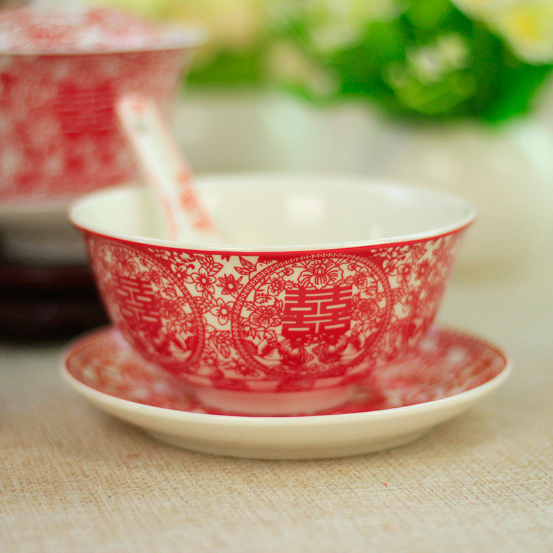 喜碗套装礼物婚庆用品结婚敬茶杯婚礼对碗喜庆新人对杯陶瓷喜杯子