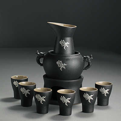 日式黑陶温酒器 烫酒壶煮酒器家用白酒黄酒电热陶瓷暖酒 酒具套装