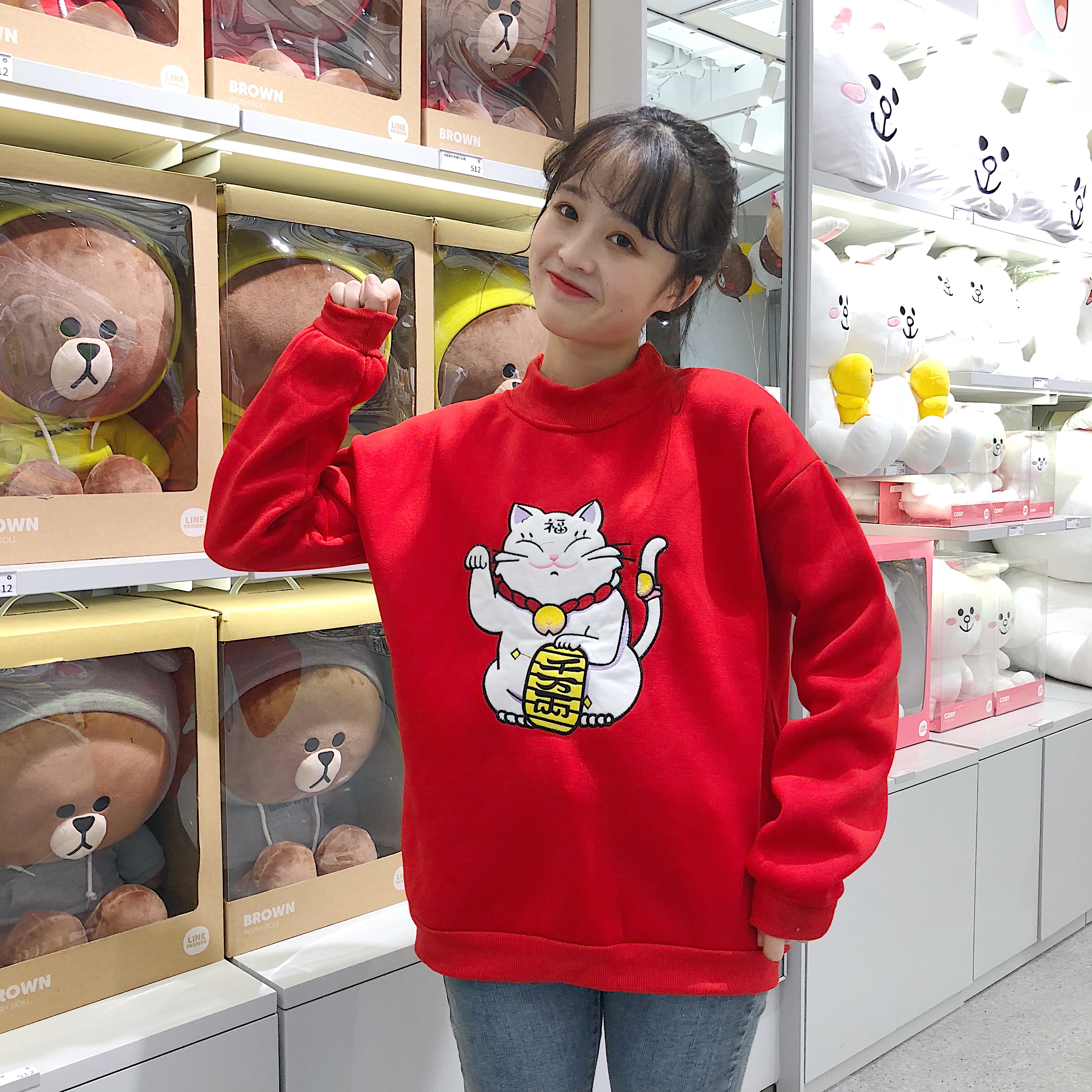 大红色加绒卫衣女2019猪年本命年情侣日系bf风少女心衣服招财猫优惠券