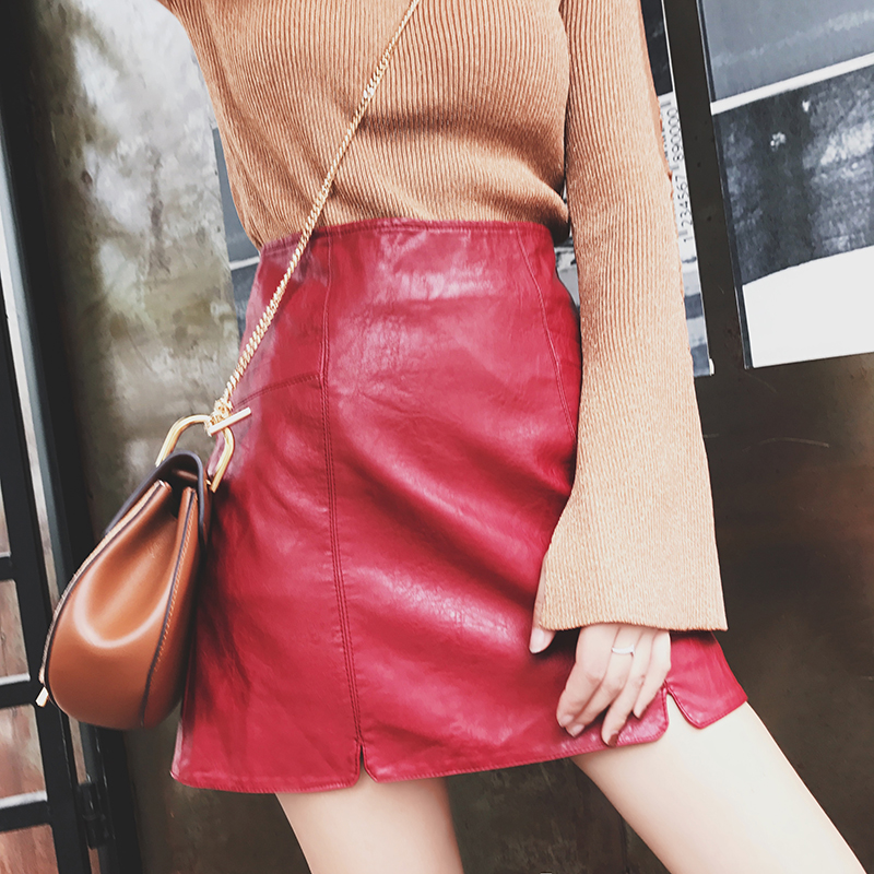 2017秋装新款红色高腰漆皮半身裙女装 港味a字裙韩版皮裙包臀短裙