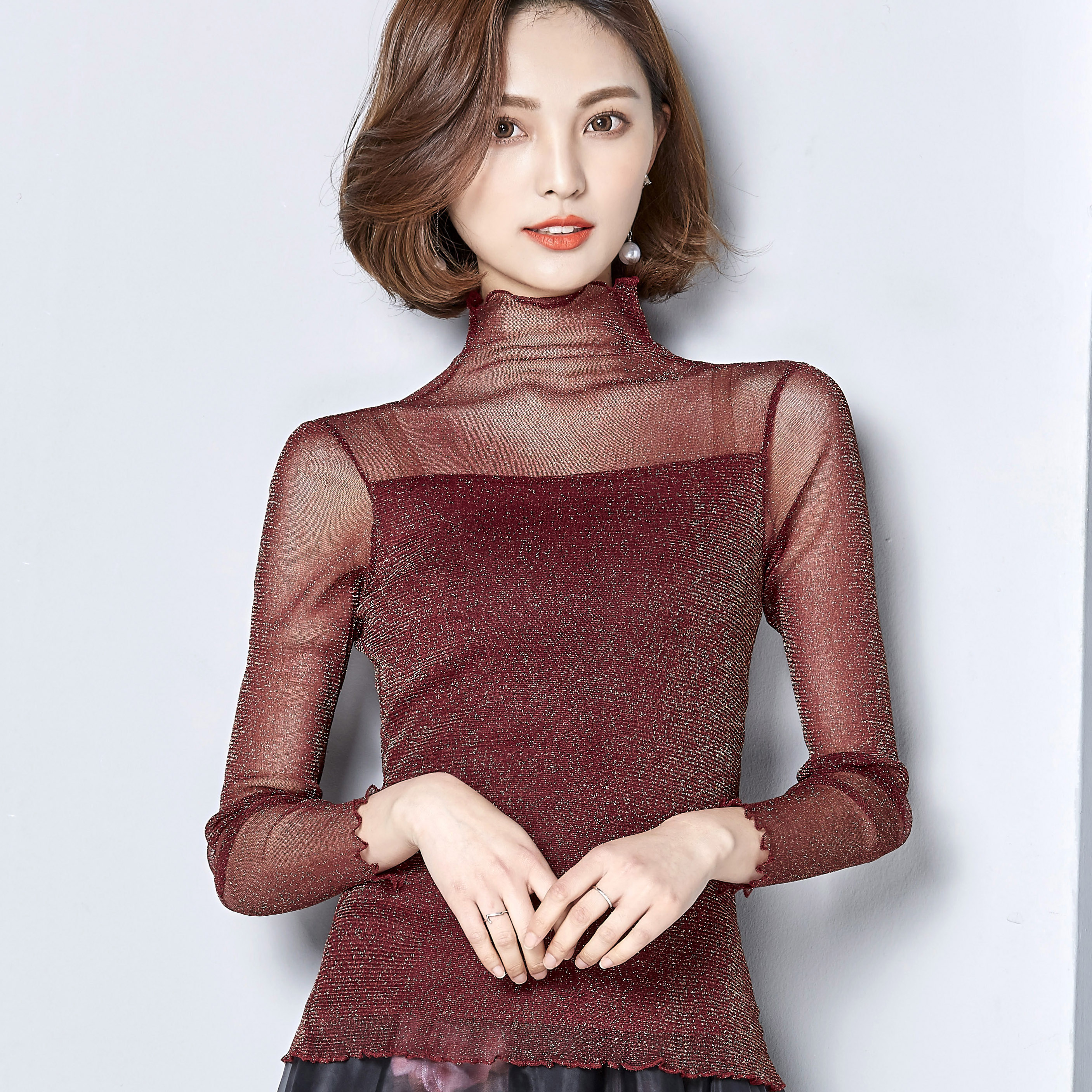 蕾丝网纱打底衫女长袖秋冬百搭高领2018春装新款透视内搭亮丝上衣