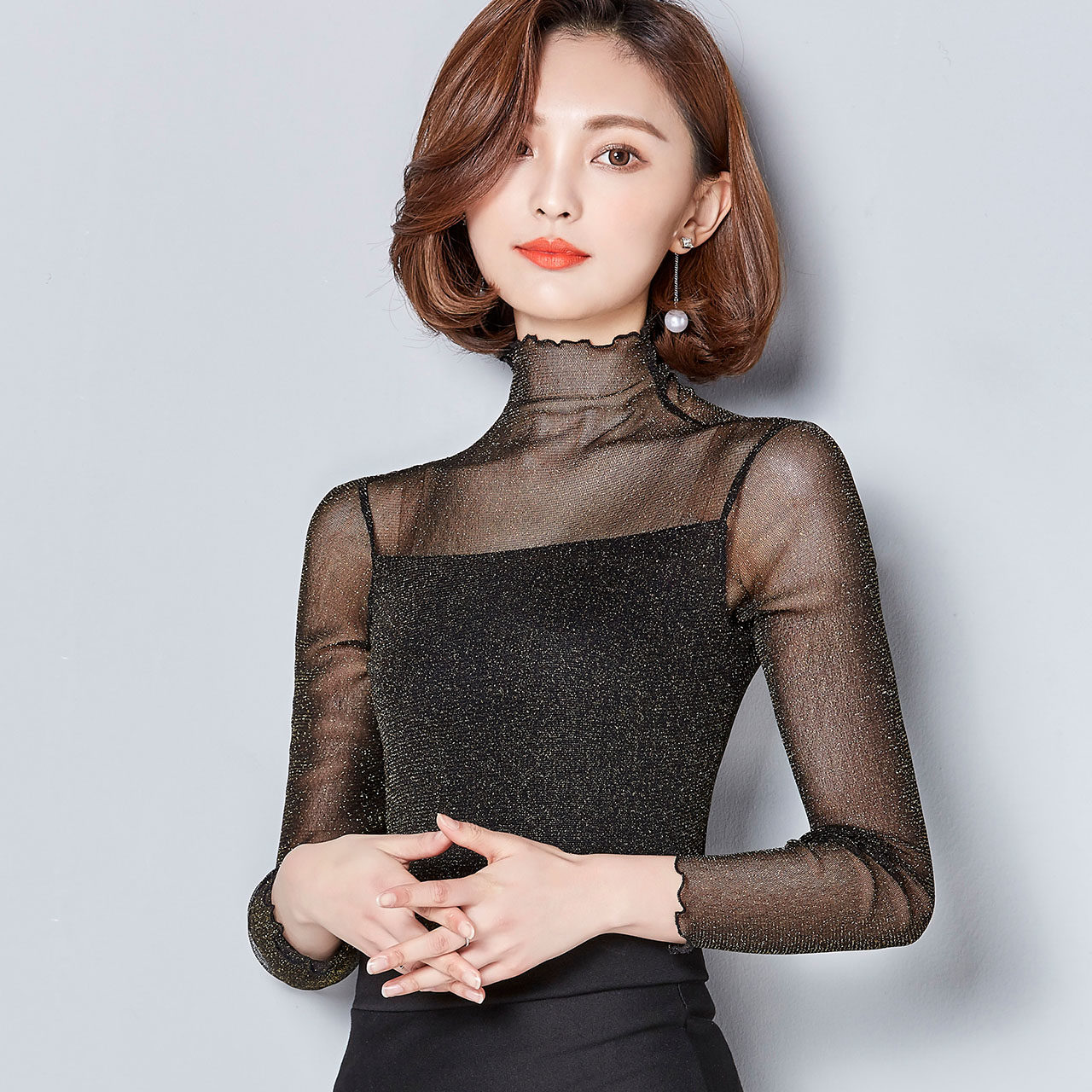 蕾丝网纱打底衫女长袖秋冬百搭高领2018春装新款透视内搭亮丝上衣