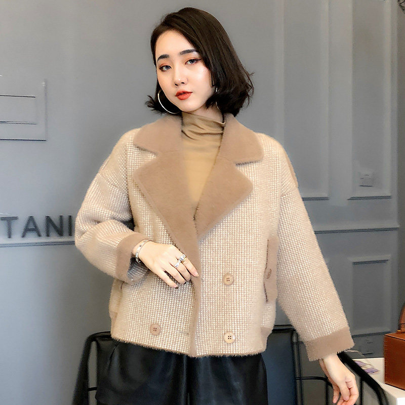 短款_秋冬韩版双面水貂绒毛衣外套女 短款宽松加厚针织开衫水貂毛大衣