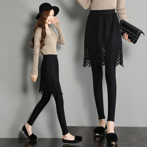 娇媛2018春秋新款蕾丝拼接裙裤韩版女外穿修