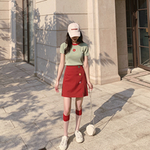 杨泡泡 高腰A字裙女2019新款夏季红色中长款开叉ins超火的半身裙