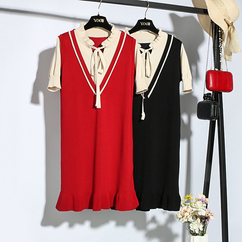 20特卖87 悦己女装 钉珠短袖拼接下摆连衣裙