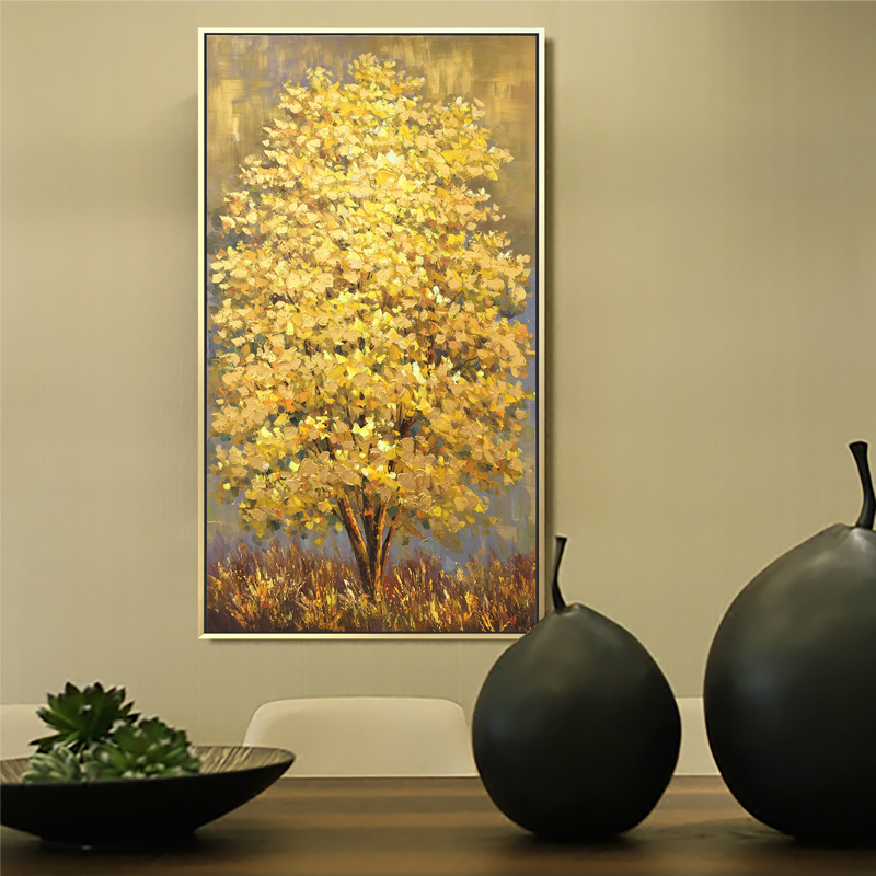 金箔油画《黄金树》发财树装饰画入户玄关装饰画竖版风水过道招财