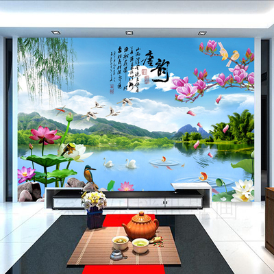 风景画3d墙纸客厅电视背景墙田园大自然壁纸江南唐韵山水5d8d壁画
