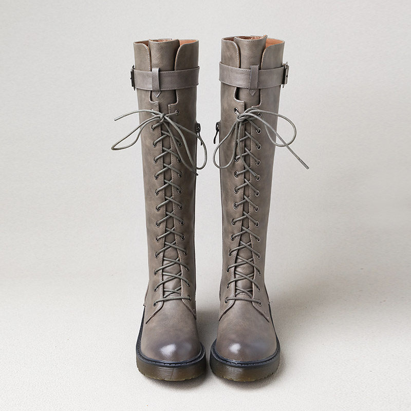 2017秋冬新款长靴女过膝靴子韩版系带高筒靴平底骑士靴厚底长筒靴