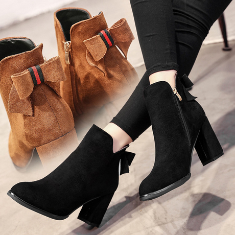 2017新款短靴中跟粗跟真皮尖头裸靴秋冬马丁靴百搭简约欧美潮靴女