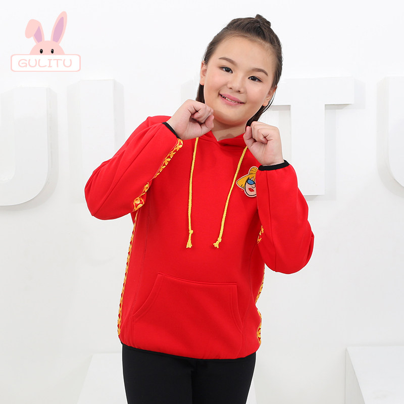 特价红色帽衫女童_80-130斤胖女孩红色卫衣加绒套头连帽衫春秋款小