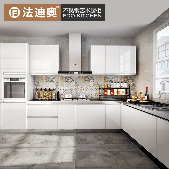 精钢厨房整体橱柜定做开放式厨房l型厨柜晶钢门板不锈钢橱柜定制